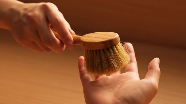 Close up of a person using a wooden scrub brush on their palm for exfoliation.