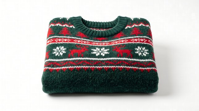 Folded green ugly Christmas sweater with reindeer and snowflake patterns on white background.