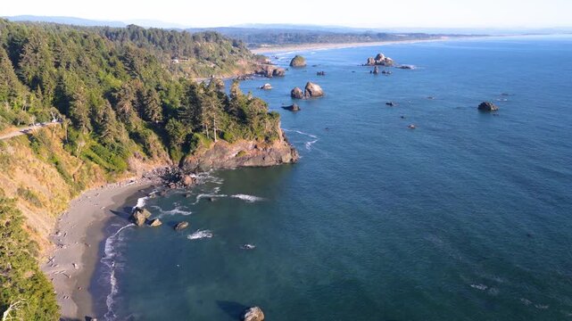 One minute flight south along Humboldt County Coast, Northern California, toward Tepona Point.  With many Seagulls!