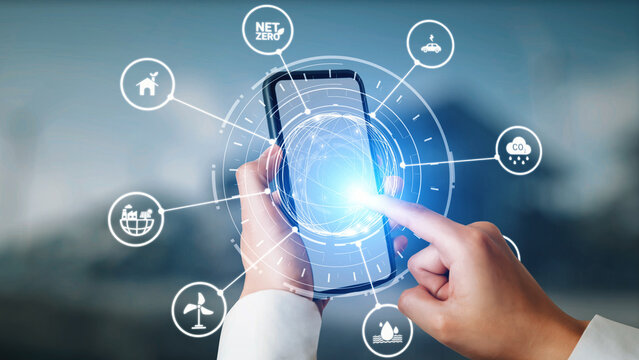 Net zero and sustainability concepts with environmental balance, digital sustainability icons, green energy goals, and eco-conscious digital business transformation for the future. Gist