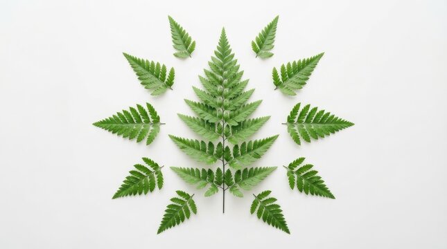 A collection of fern leaves arranged in a symmetrical star pattern on a white surface.