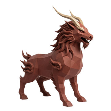 Low poly papercraft qilin and mythical Asian creature sculpture, isolated on a transparent background