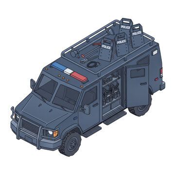 Isometric police tactical van and riot control vehicle with shields and emergency light bar, isolated on a transparent background