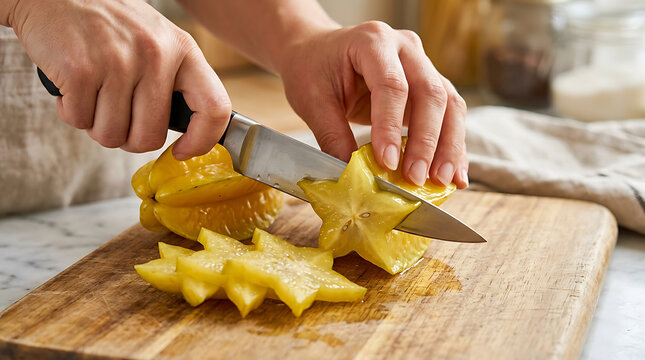 Hands Slicing Fresh Exotic Star Fruit on Wooden Cutting Board for Healthy Cooking and Culinary Content