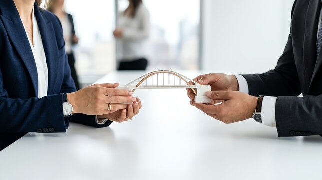 Business partners holding small bridge model together illustrating cooperation strategy and partnership