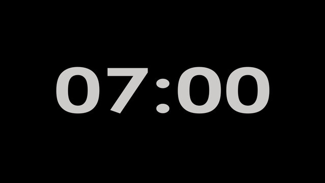 Digital clock display showing seven o clock white text isolated on black background.