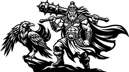 Obraz premium Warrior with mace and raven on rock
