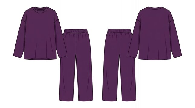 Dark Purple Oversized Sweatshirt and Wide Leg Trousers Loungewear Set Front and Back View Fashion Sketch