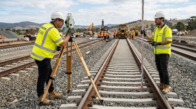 Two construction workers use surveying equipment to check the alignment of railway tracks. They are standing on the tracks, near a construction site with heavy machinery and other workers.