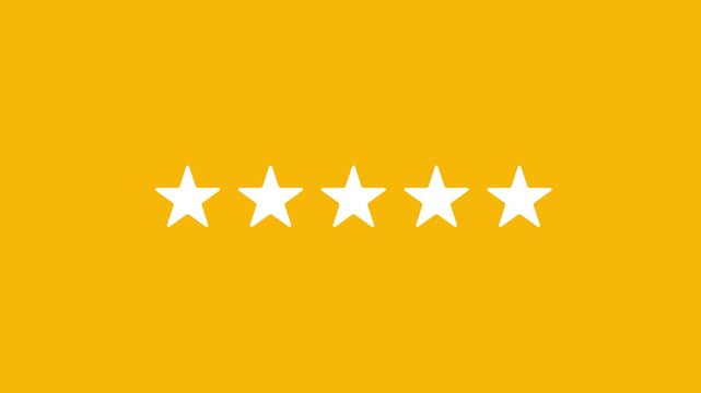 Animated five star rating review with glowing yellow stars, positive feedback, customer satisfaction, approval, success, and excellent service concept