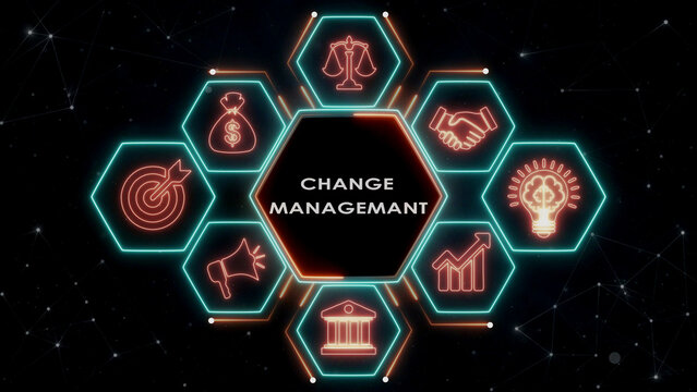 Change management concept neon hexagon interface glowing blue orange business logo.