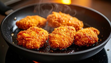 Fototapeta premium Crispy golden fried chicken pieces sizzling in a pan