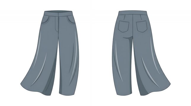 Womens casual wide leg pants illustration showing front and back view of grey denim trousers for fashion design