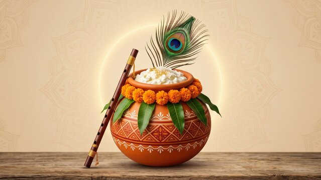Traditional Krishna Janmashtami Matki and Flute Background