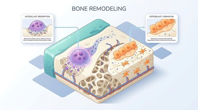 Bone growth and development stages illustration showing osteoblasts