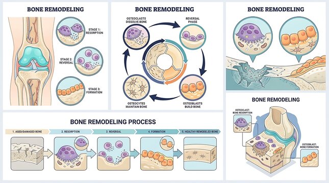 Bone tissue development and healing process medical diagram showing osteogenesis