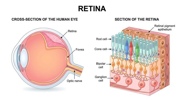 Detailed medical illustration of human retina cross-section showing blood