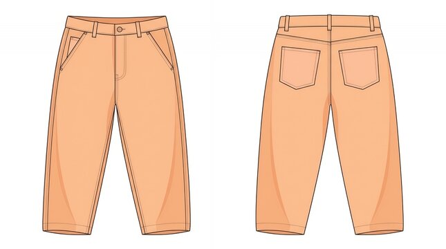 Professional Flat Technical Drawing of Peach Casual Trousers Front and Back Views for Fashion Design Mockup