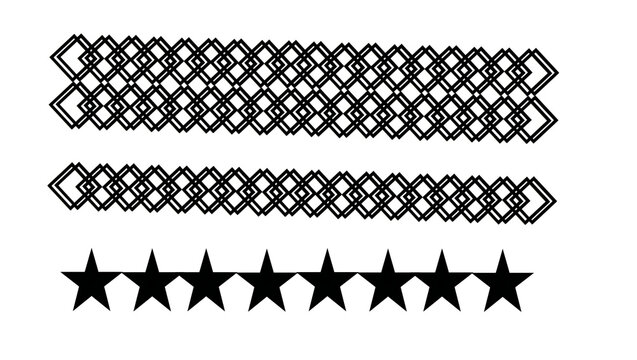 Decorative borders of linked rhombus shapes and a row of black star icons with geometric monochrome illustration repeating
