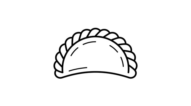 A simple black and white line art illustration of a traditional empanada pastry.