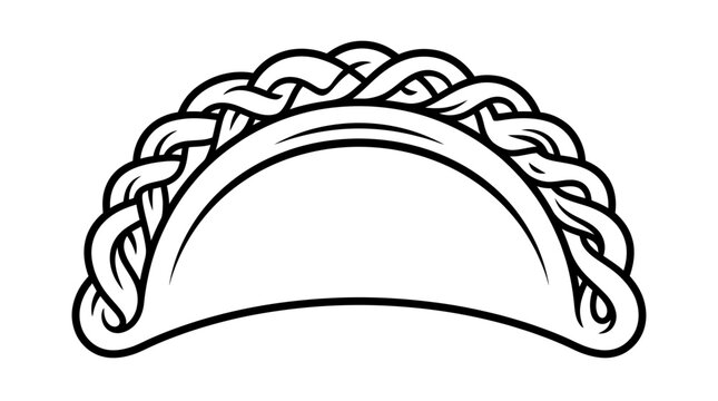 A black and white line art illustration of a traditional empanada with a braided edge.