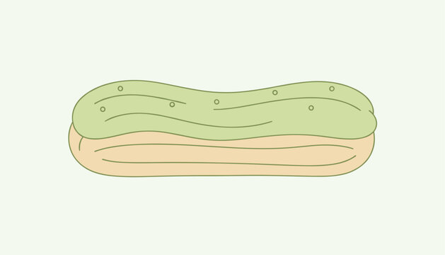 Delicious French eclair pastry with a smooth green pistachio frosting on top, isolated on a light green background.