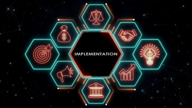 Implementation blue glowing hexagonal icon in the center of a futuristic digital background.
