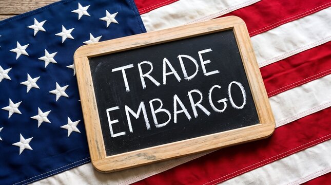 A wooden framed chalkboard with the words trade embargo written in chalk resting on top of a folded American national flag featuring red and white stripes and white stars on blue