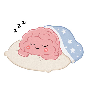 Cute human brain character sleeping peacefully on a pillow with starry blanket illustration