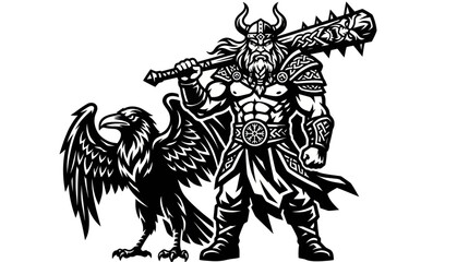 Obraz premium Warrior with viking helmet and raven