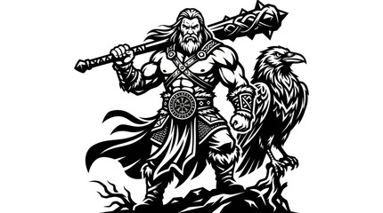 Obraz premium Warrior with weapon and bird illustration