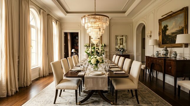 Elegant Dining Room Interior Formal Dinner Party Setting with Long Table and Chandeliers