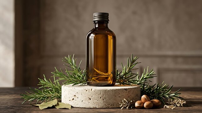 Amber glass bottle of essential oil with fresh rosemary herbs and nuts on a stone podium. thickening hair oil