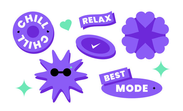 Neobrutalist Purple Mint Sticker Collection with Trendy Labels, Cute Shapes and Bold Graphic Elements