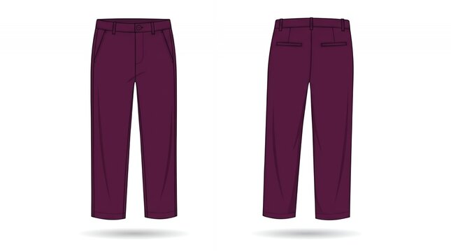 Professional Flat Technical Sketch of Men's Dark Maroon Chino Trousers Showing Front and Back View Details