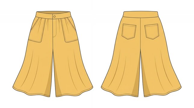 Mustard Yellow Wide Leg Culottes Technical Fashion Illustration for Women Showing Front and Back Views