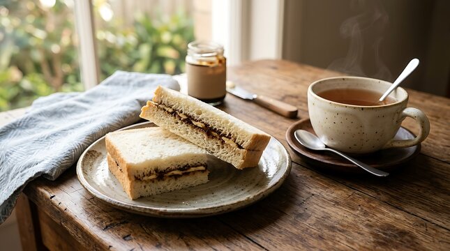 Fresh peanut butter sandwich on a plate with a cup of tea on a rustic wooden table for breakfast. Vegemite sandwich