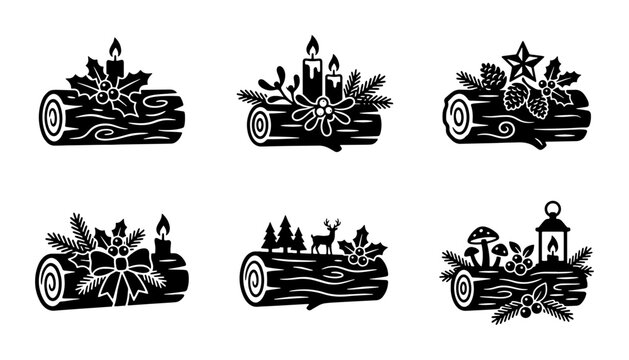 Christmas Yule Log Decorations, Festive Winter Holiday Vector Icons Set, Black and White Seasonal Elements