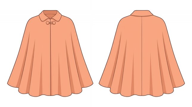 Stylish Peach Color Women Poncho Cape with Round Collar and Button Detail Technical Fashion Illustration