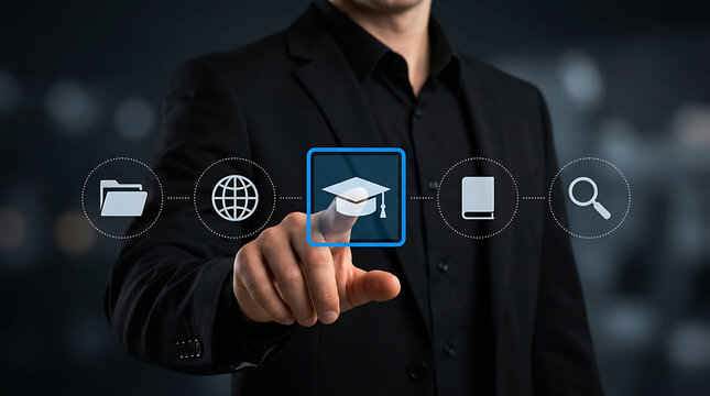 Businessman touching graduation cap icon for online education and e learning process
