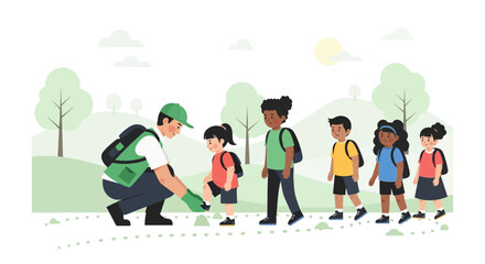 Fototapeta premium Outdoor Education Guide Interacting With Young Students On A Nature Trail