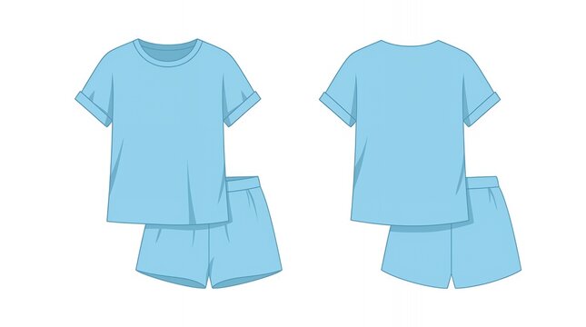 Light Blue Cotton Sleepwear Pajama Set with Short Sleeve T-Shirt and Shorts Front and Back View Template