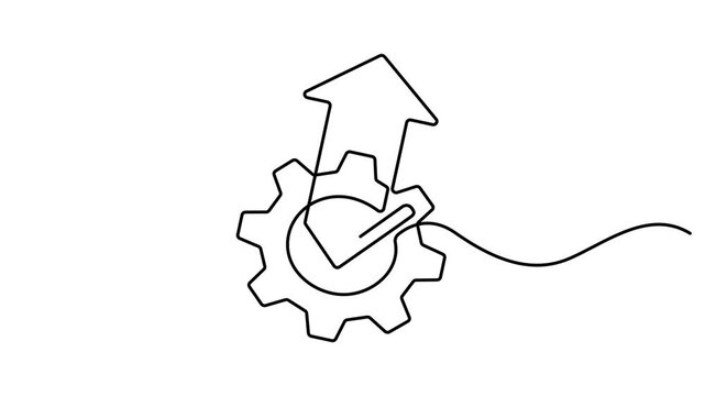 Self drawing line animation Productivity bar chart with gear continuous one single line drawn, Graph going up with an arrow, business concept animation 4k video