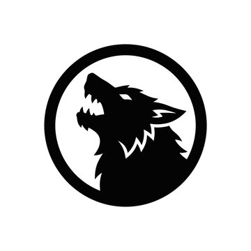 A minimalist black and white graphic illustration of a howling wolf inside a circular frame.