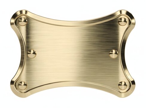 Blank golden metallic plaque with corner rivets. Industrial label and luxury branding design. Metal banner plate for text copy space.