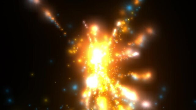 An intense, glowing abstract light explosion in warm orange and yellow radiates outward against a dark background, accompanied by scattered blue sparks. The dramatic lighting conveys raw energy, power