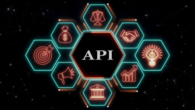 Hexagonal glowing api text with business icons on dark futuristic background.