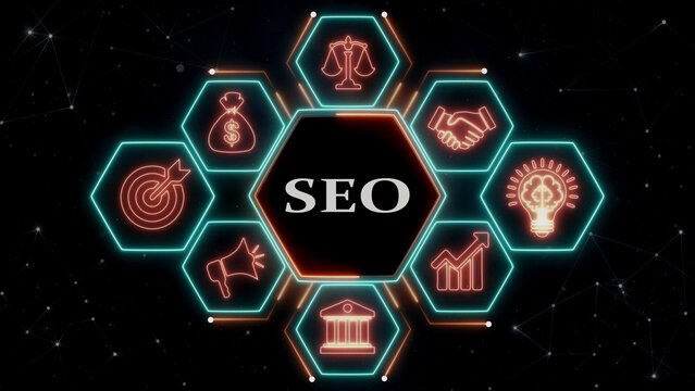 Hexagonal glowing seo text with business icons on dark futuristic background.