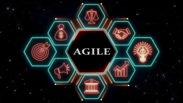 Hexagonal glowing agile text with business icons on dark futuristic background.