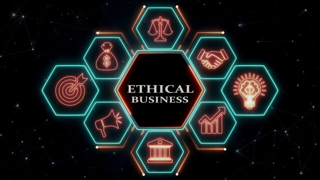 Hexagonal glowing ethical business text with icons on dark futuristic background.